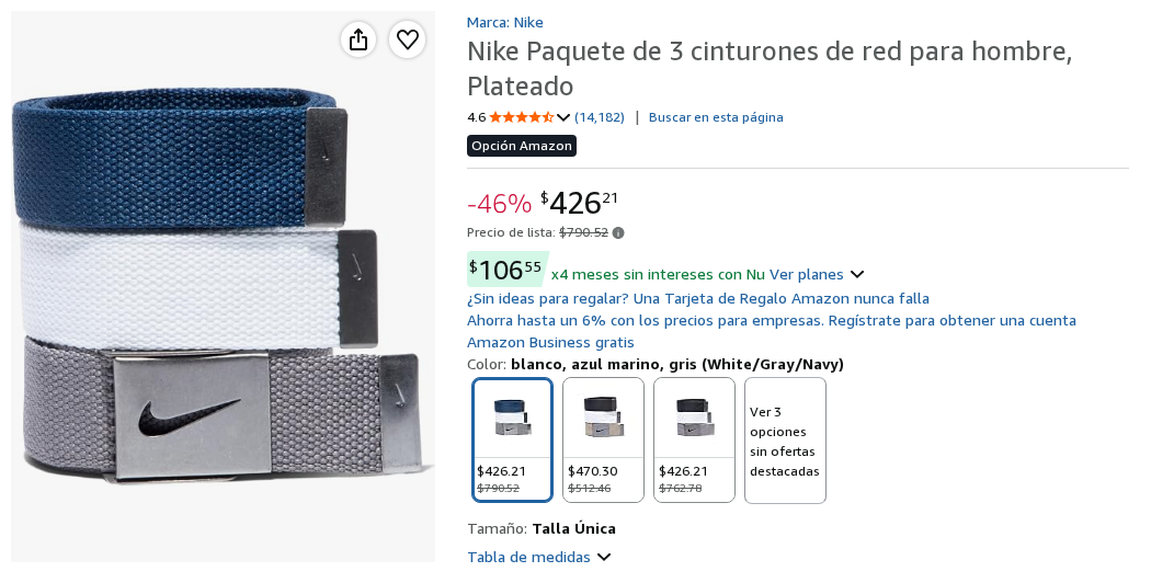 Nike Paquete de 3 cinturones de red para hombre, Plateado