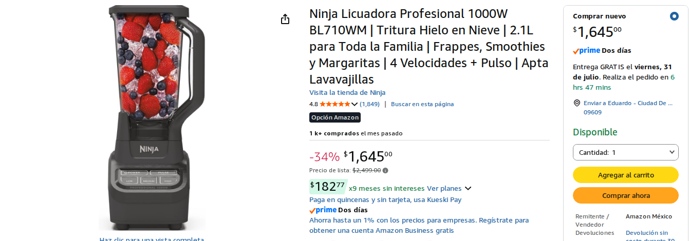 Ninja Licuadora Profesional 1000W BL710WM | Tritura Hielo en Nieve | 2.1L para Toda la Familia | Frappes, Smoothies y Margaritas | 4 Velocidades + Pulso | Apta Lavavajillas