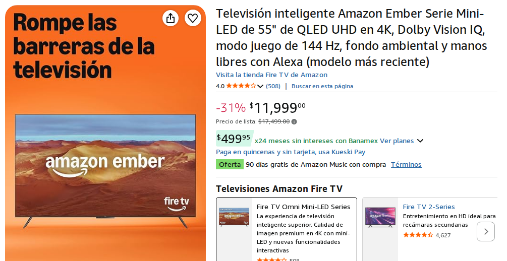 Televisión inteligente Amazon Ember Serie Mini-LED de 55" de QLED UHD en 4K, Dolby Vision IQ, modo juego de 144 Hz, fondo ambiental y manos libres con Alexa (modelo más reciente)