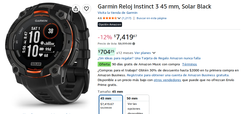 Garmin Reloj Instinct 3 45 mm, Solar Black