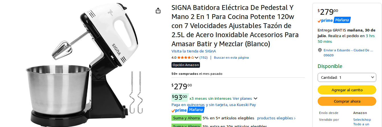 SIGNA Batidora Eléctrica De Pedestal Y Mano 2 En 1 Para Cocina Potente 120w con 7 Velocidades Ajustables Tazón de 2.5L de Acero Inoxidable Accesorios Para Amasar Batir y Mezclar (Blanco)