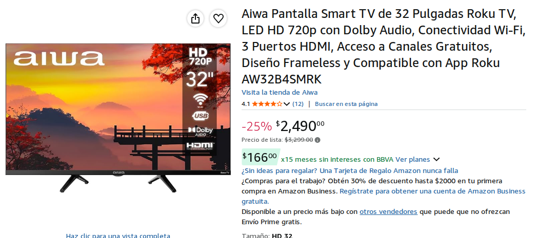 Aiwa Pantalla Smart TV de 32 Pulgadas Roku TV, LED HD 720p con Dolby Audio, Conectividad Wi-Fi, 3 Puertos HDMI, Acceso a Canales Gratuitos, Diseño Frameless y Compatible con App Roku AW32B4SMRK