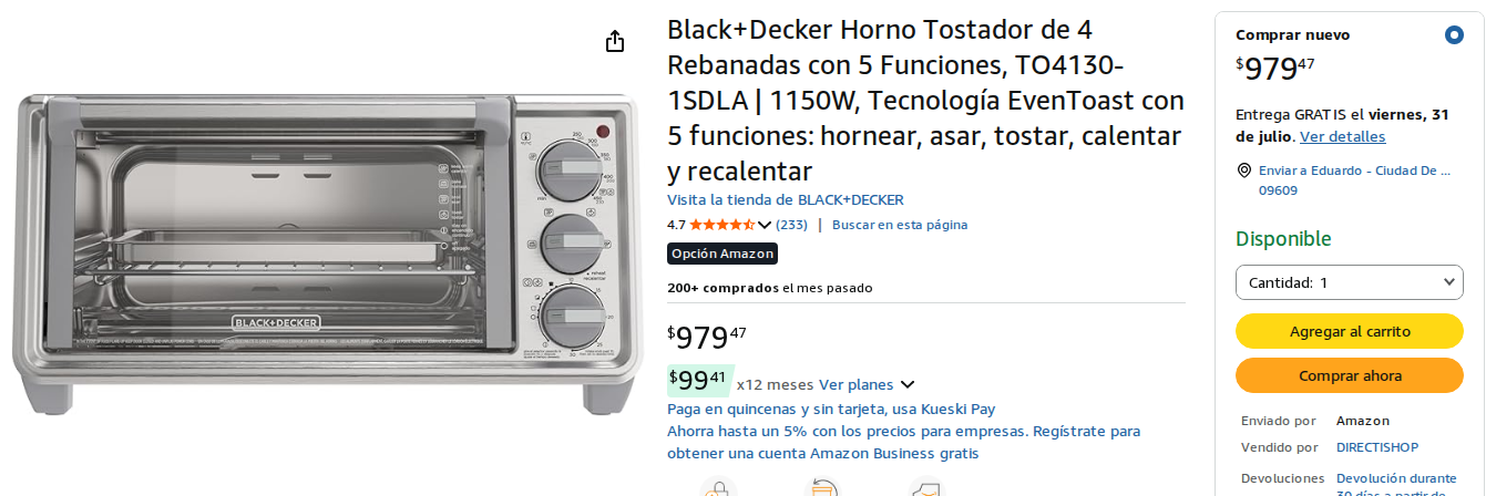 Black+Decker Horno Tostador de 4 Rebanadas con 5 Funciones, TO4130-1SDLA | 1150W, Tecnología EvenToast con 5 funciones: hornear, asar, tostar, calentar y recalentar