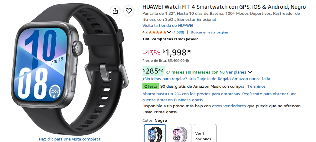 HUAWEI Watch FIT 4 Smartwatch con GPS, iOS & Android, Negro