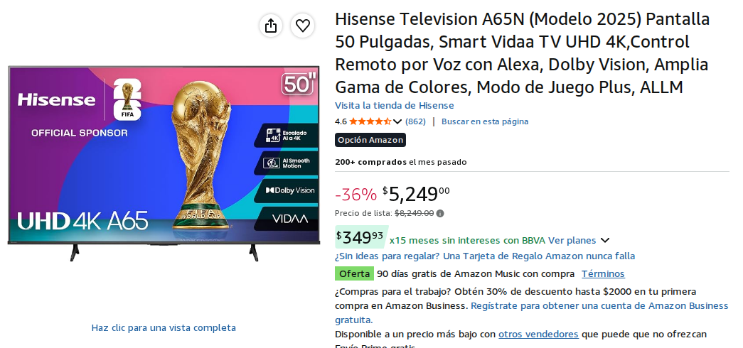 Hisense Television A65N (Modelo 2025) Pantalla 50 Pulgadas, Smart Vidaa TV UHD 4K,Control Remoto por Voz con Alexa, Dolby Vision, Amplia Gama de Colores, Modo de Juego Plus, ALLM