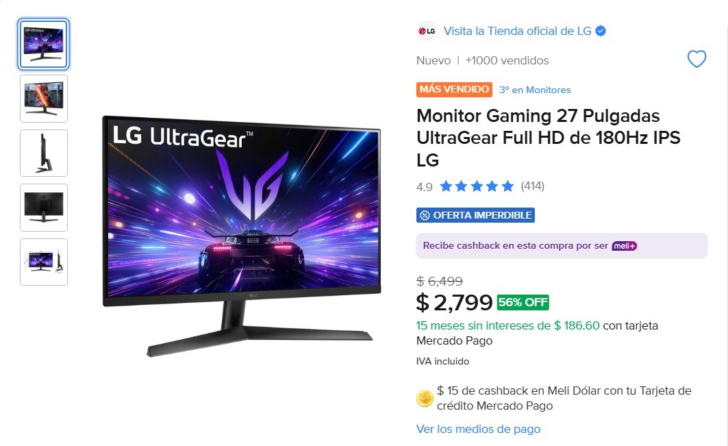 Monitor Gaming 27 Pulgadas UltraGear Full HD de 180Hz IPS LG