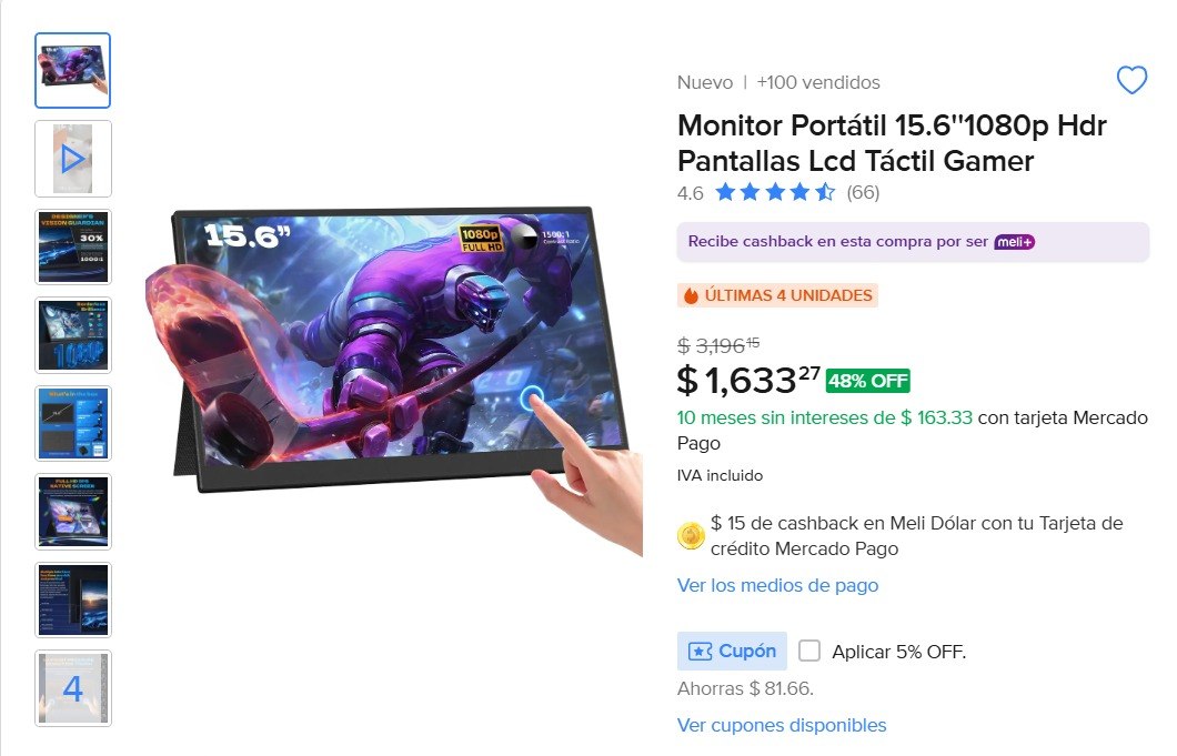 Monitor Portátil 15.6''1080p Hdr Pantallas Lcd Táctil Gamer