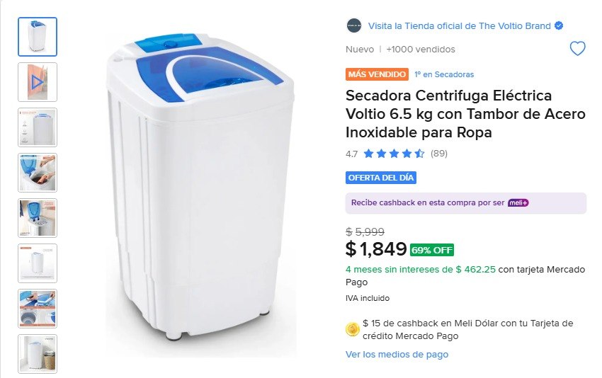 Secadora Centrifuga Eléctrica Voltio 6.5 kg con Tambor de Acero Inoxidable para Ropa