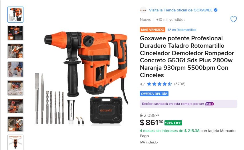 Goxawee potente Profesional Duradero Taladro Rotomartillo Cincelador Demoledor Rompedor Concreto G5361 Sds Plus 2800w Naranja 930rpm 5500bpm Con Cinceles