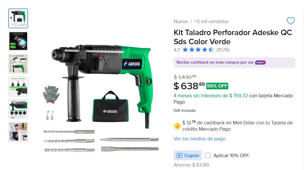 Kit Taladro Perforador Adeske QC Sds Color Verde