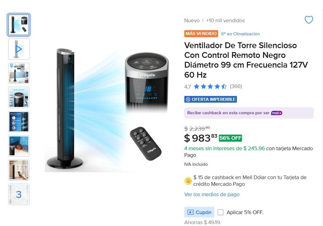 Ventilador De Torre Silencioso Con Control Remoto Negro Diámetro 99 cm Frecuencia 127V 60 Hz