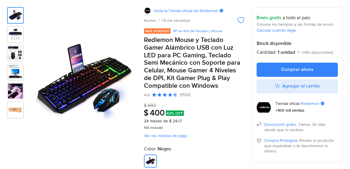 Redlemon Mouse y Teclado Gamer Alámbrico USB con Luz LED para PC Gaming, Teclado Semi Mecánico con Soporte para Celular, Mouse Gamer 4 Niveles de DPI, Kit Gamer Plug & Play Compatible con Windows