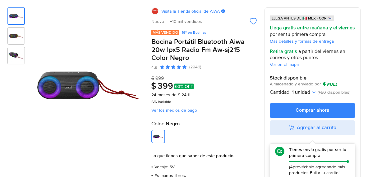 Bocina Portátil Bluetooth Aiwa 20w Ipx5 Radio Fm Aw-sj215 Color Negro