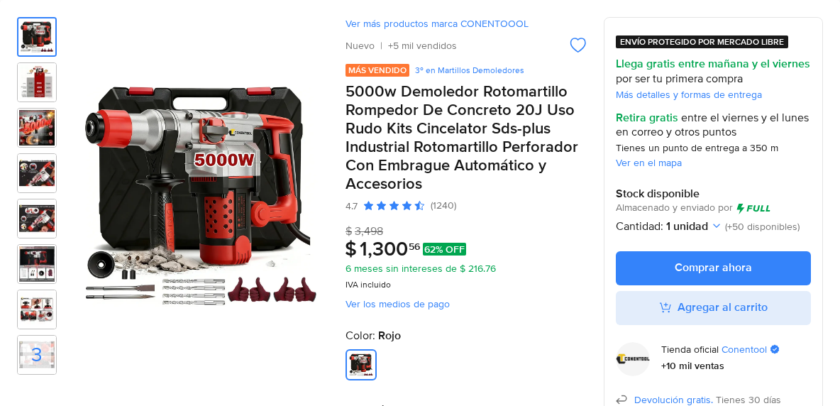5000w Demoledor Rotomartillo Rompedor De Concreto 20J Uso Rudo Kits Cincelator Sds-plus Industrial Rotomartillo Perforador Con Embrague Automático y Accesorios