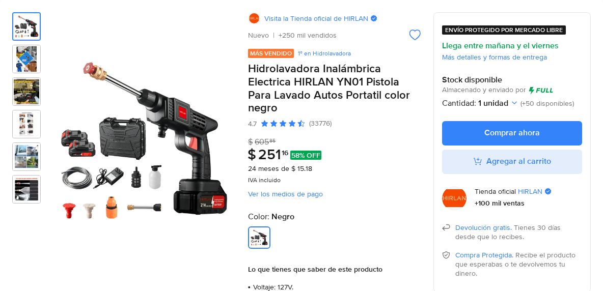 Hidrolavadora Inalámbrica Electrica HIRLAN YN01 Pistola Para Lavado Autos Portatil color negro