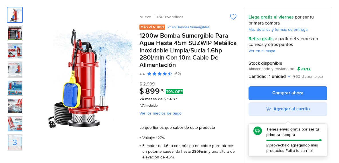 1200w Bomba Sumergible Para Agua Hasta 45m SUZWIP Metálica Inoxidable Limpia/Sucia 1.6hp 280l/min Con 10m Cable De Alimentación
