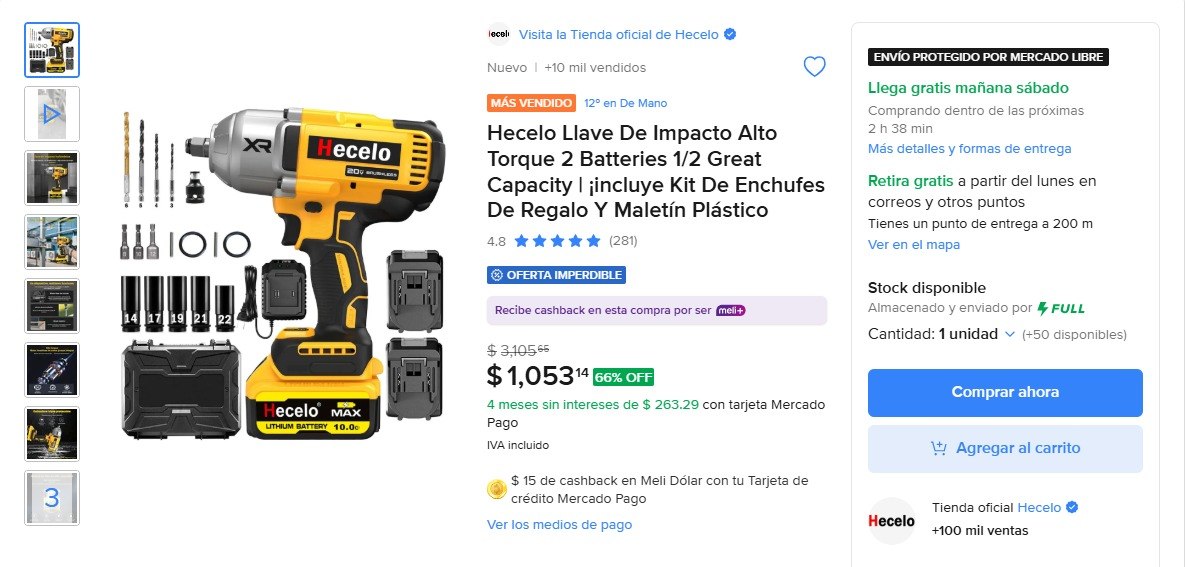 Hecelo Llave De Impacto Alto Torque 2 Batteries 1/2 Great Capacity | ¡incluye Kit De Enchufes De Regalo Y Maletín Plástico