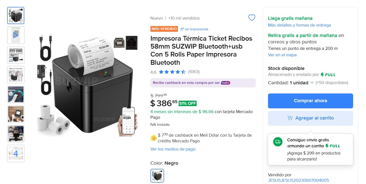Impresora Térmica Ticket Recibos 58mm Suzwip Bluetooth+usb Con 5 Rolls Paper Impresora Bluetooth Negro