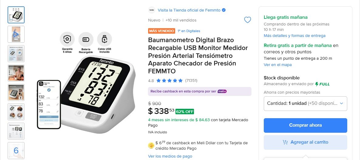 Baumanometro Digital Brazo Recargable Usb Monitor Medidor Presión Arterial Tensiómetro Aparato Checador De Presión Femmto Blanco