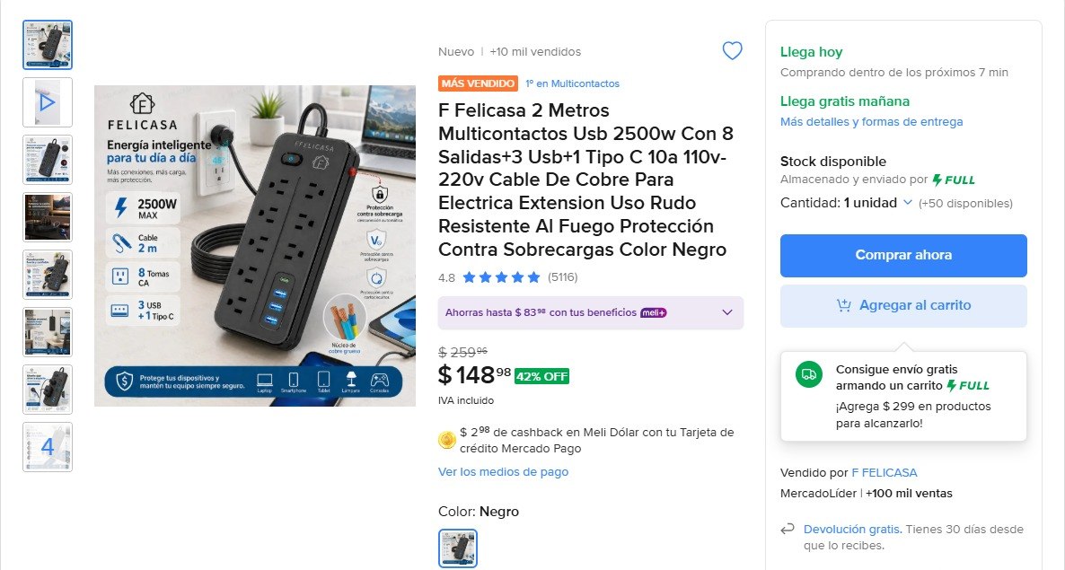 F Felicasa 2 Metros Multicontactos Usb 2500w Con 8 Salidas+3 Usb+1 Tipo C 10a 110v-220v Cable De Cobre Para Electrica Extension Uso Rudo Resistente Al Fuego Protección Contra Sobrecargas Color Negro