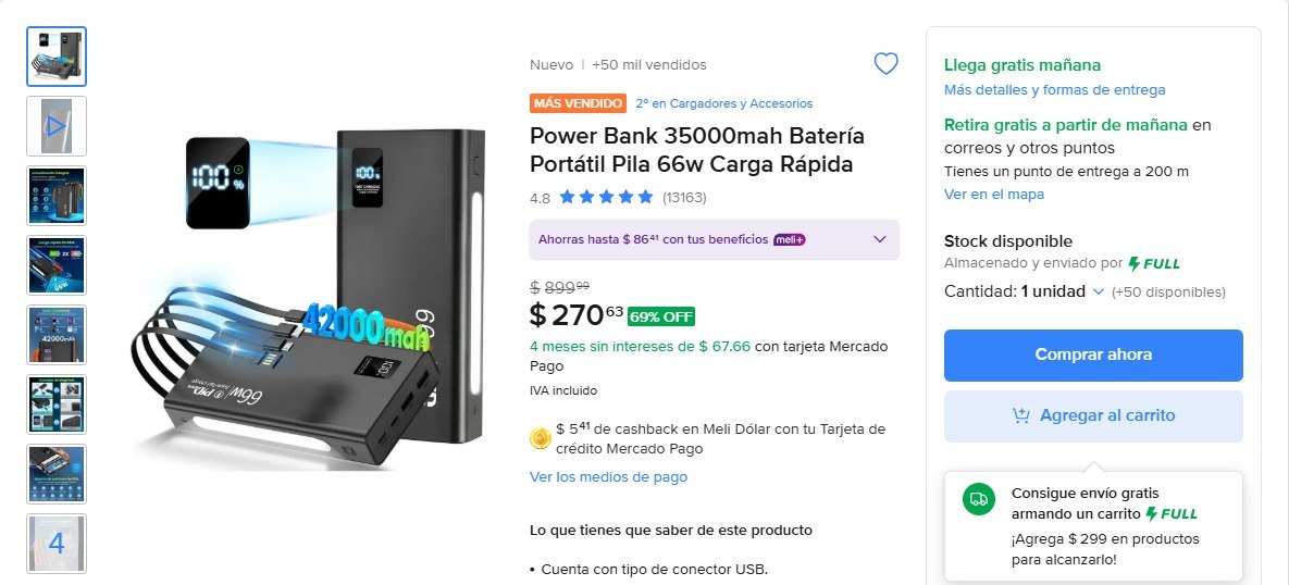Power Bank 35000mah Batería Portátil Pila 66w Carga Rápida